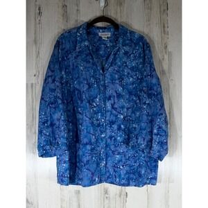 Serengeti Button Shirt 3X Blue Artsy Roll Tab 3/4 Sleeve 100% Cotton Lightweight